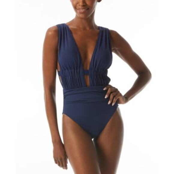 Carmen Marc Valvo Women's Plunge Neck Ruched One Piece Swimsuit in Navy Blue